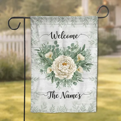 Custom Text Heart Peony Lily Welcome Botanical Script - Rustic Home Decor Gift Garden Flag