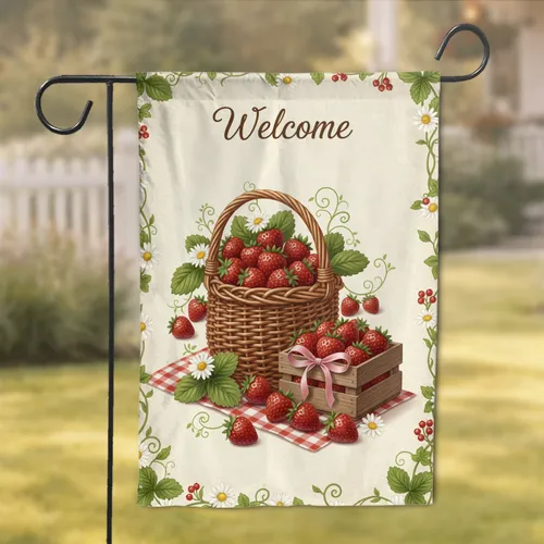 Strawberry Basket Welcome Sign - Country Farmhouse Home Decor Gift for Hostess Garden Flag