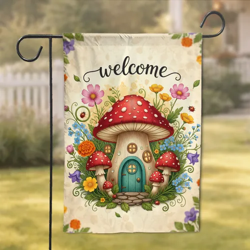 Red Spotted Mushroom House Toadstool Wildflower Ladybug Welcome - Home & Garden Decor Gift Garden Flag