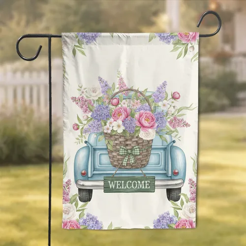 Vintage Pickup Truck Welcome Sign Spring Flowers - Farmhouse Home Decor Gift Garden Flag