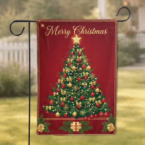Patriotic Christmas Tree Gold Baubles Merry Christmas - America 250th Anniversary Holiday Garden Flag