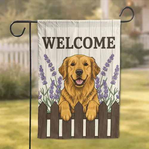 Welcome Golden Retriever Lavender - America's 250th Anniversary Patriotic Home Decor Garden Flag