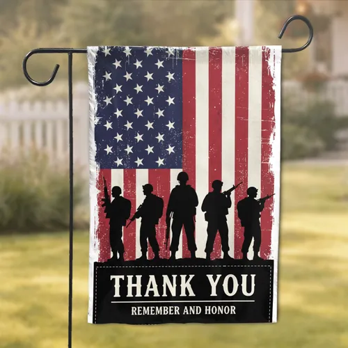 Soldiers Silhouettes American Flag Thank You - Veterans Day Remembrance Home Decor Garden Flag