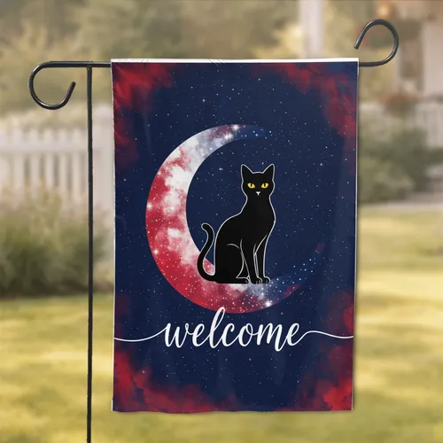 Black Cat Crescent Moon Stars Welcome Cosmic Night Sky - Housewarming Home Decor Gift Garden Flag