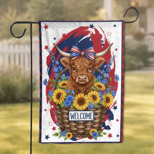 Baby Highland Cow Sunflowers Patriotic Stars Gingham - Farmhouse Home Decor Cow Lover Gift Garden Flag