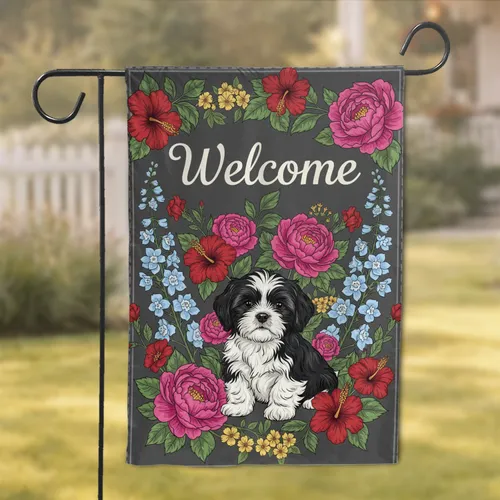 Welcome Shih Tzu Puppy Peonies Hibiscus Floral - New Home Gift for Dog Lover Garden Flag