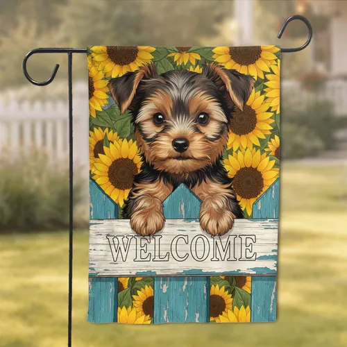 Yorkshire Terrier Puppy Welcome Sunflowers - Home Decor Gift for Dog Lovers Garden Flag