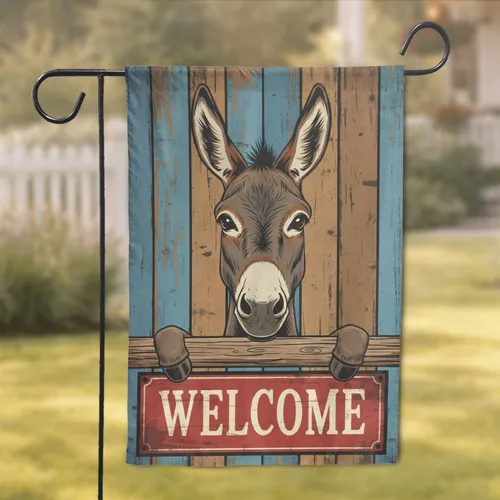 Brown Donkey Peeking Over Fence Welcome Sign - Farmhouse Home Decor Gift for Animal Lover Garden Flag
