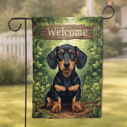 Black Tan Dachshund Puppy Rustic Wooden Welcome Sign - Home Decor Gift for Dachshund Lovers Garden Flag