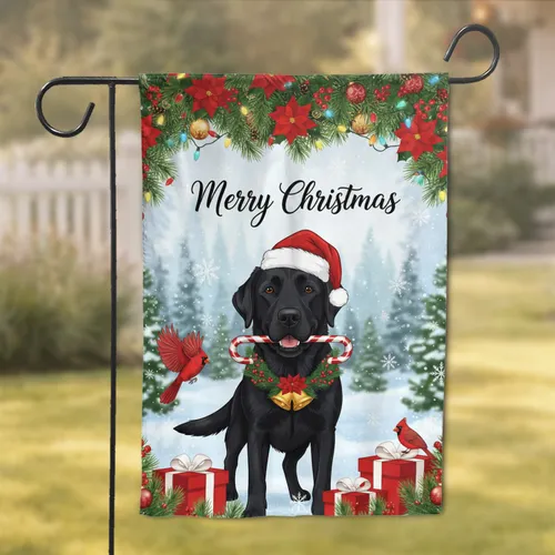 Black Labrador Santa Hat Merry Christmas Garland Cardinal - Winter Holiday Gift Garden Flag