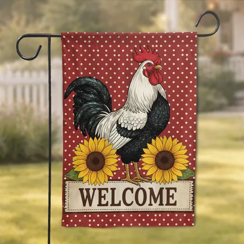 Majestic Rooster Sunflowers Welcome Banner - Farmhouse Home Decor Gift Garden Flag