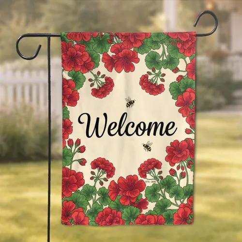 Welcome Geranium Flowers Bumblebee Floral - Home Garden Entrance Decor Gift Garden Flag