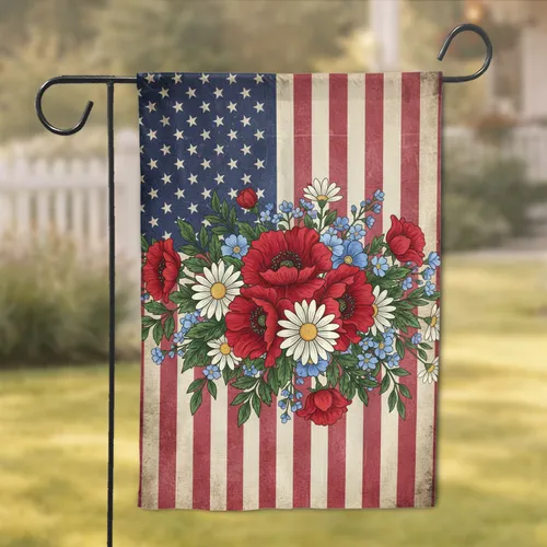 Red Poppies Daisies Patriotic American Flag - Independence Day Home Decor Garden Flag