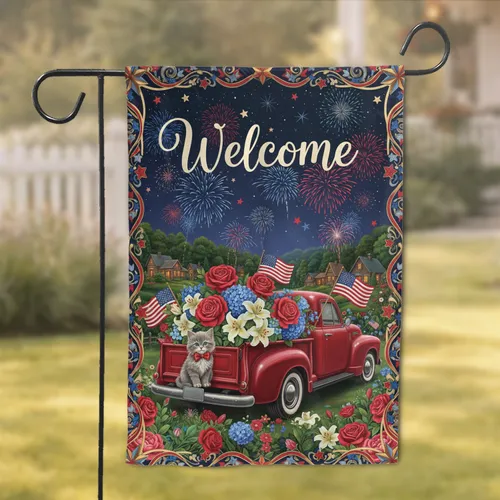 Vintage Red Truck Welcome Kitten American Flag - Independence Day Home Decor Gift Garden Flag