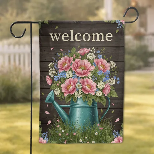 Rustic Welcome Sign Teal Watering Can Pink Poppies Floral Bouquet - Farmhouse Home Decor Gift Garden Flag
