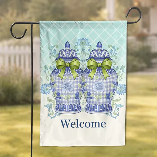 Chinoiserie Blue White Ginger Jars Welcome Chartreuse Bow Home Decor Gift Garden Flag