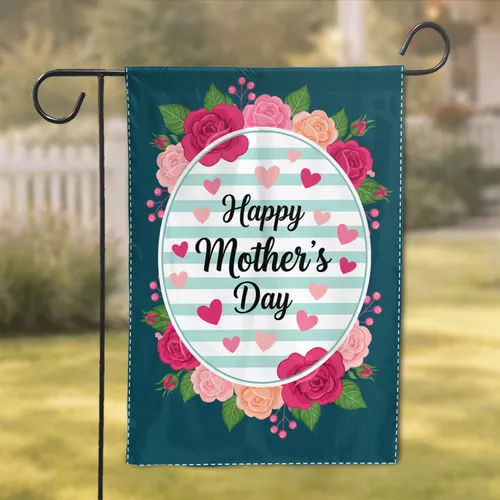 Lush Roses Pink Hearts Happy Mother's Day Script - Meaningful Gift for Mom Garden Flag