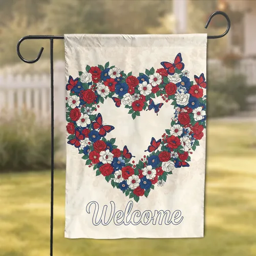 Lush Wildflower Butterfly Heart Wreath Welcome Sign - Home Garden Decor Gift Garden Flag