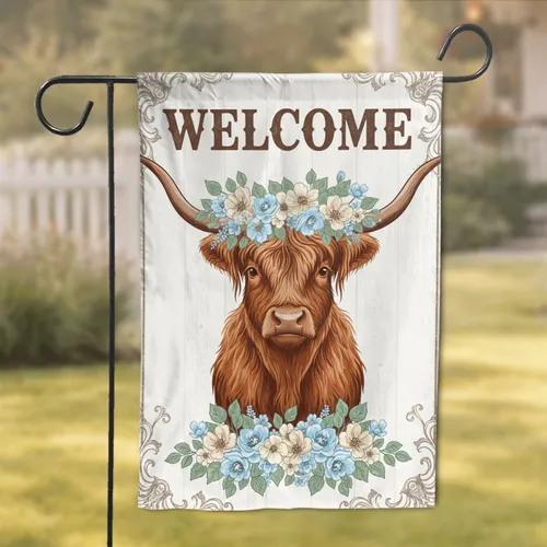 Highland Cow Floral Wreath Welcome - Farmhouse Decor Gift for Cow Lover Garden Flag