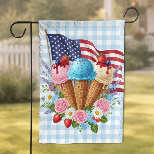 Patriotic Ice Cream Cones Summer Berries Gingham - Home Decor Gift Garden Flag
