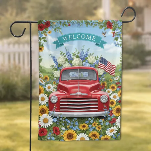 Vintage Red Pickup Truck Welcome Banner Garden Flowers Farmhouse Decor Garden Flag