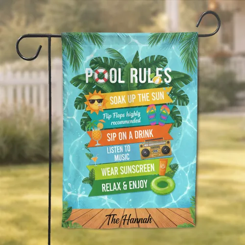 Pool Rules Custom Name Tropical Summer Poolside Decor Outdoor Living Gift Garden Flag