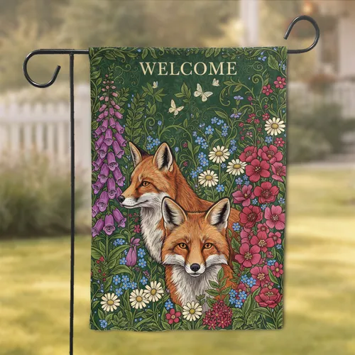 Two Realistic Foxes Wildflower Botanical Welcome Sign - Home Decor Gift for Nature Lovers Garden Flag