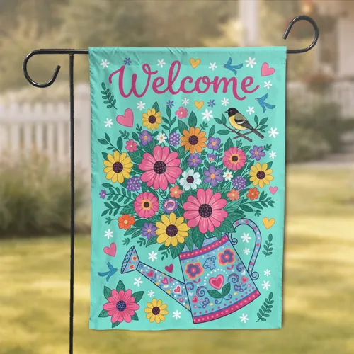 Wildflower Bouquet Pitcher Bird Welcome Hearts Butterflies - Outdoor Home Decor Gift Garden Flag