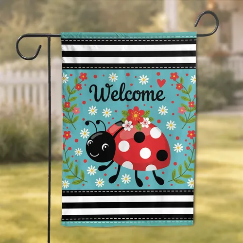 Ladybug Welcome Daisy Floral Vine Horizontal Stripe Border - Everyday Home Decor Gift Garden Flag