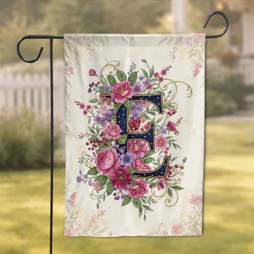 Deep Blue Gold Monogram Custom Letter Floral Botanical Ruby Home Decor Gift Garden Flag