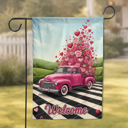 Vintage Pink Pickup Truck Roses Hearts Welcome - Romantic Home Decor Gift for Her Garden Flag