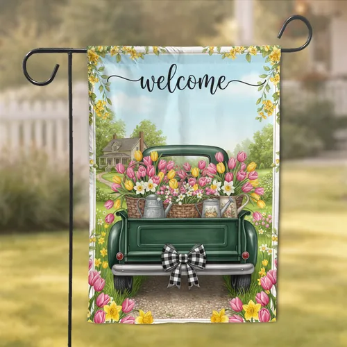Vintage Pickup Truck Spring Flowers Welcome Sign - Spring Home Decor Gift Garden Flag