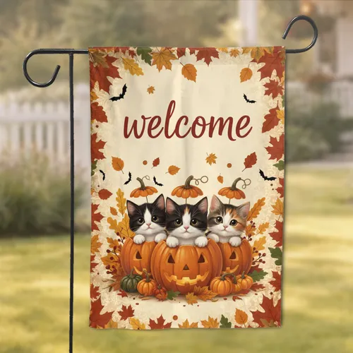 Three Kittens Pumpkin Welcome Script Autumn Leaves - Fall Decor Gift for Cat Lovers Garden Flag