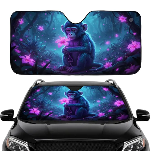 Dreamlike Bioluminescent Baby Monkey Neon Purple Flower Magical Jungle - Car Interior Upgrade Car Sunshade