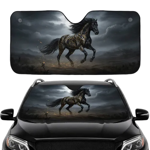 Majestic Galloping Black Horse Golden Filigree Moonlit Sky - Travel Essentials Car Sunshade
