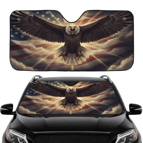 Fierce Bald Eagle with Widespread Wings and American Flag Car Interior Upgrade Car Sunshade