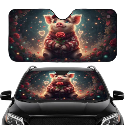 Adorable Shaggy Pig Red Cap Rose - Car Interior Upgrade for Pig Lover Car Sunshade