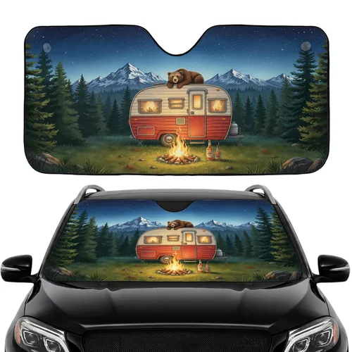 Vintage Camper Bear Pine Forest - Starry Night Road Trip Essentials Car Sunshade