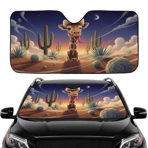 Winking Giraffe Cowboy Hat Twilight Desert - Road Trip Travel Accessory Car Sunshade