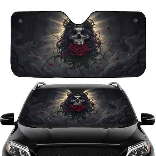 Gothic Skull Thorny Crown Deep Red Rose Dark Hair Swirling Mist - Car Interior Upgrade Car Sunshade