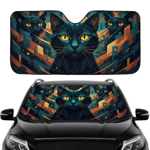Black Cat Yellow Eyes Teal Nose Orange Whiskers - Road Trip Gift for Cat Lover Car Sunshade