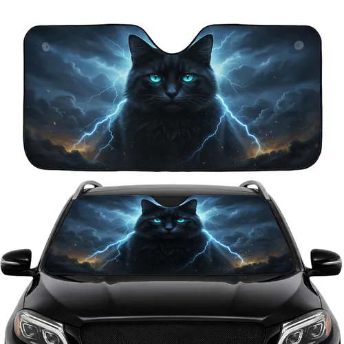 Majestic Black Cat Turquoise Eyes Electric Blue Lightning - Car Interior Upgrade for Cat Lover Car Sunshade