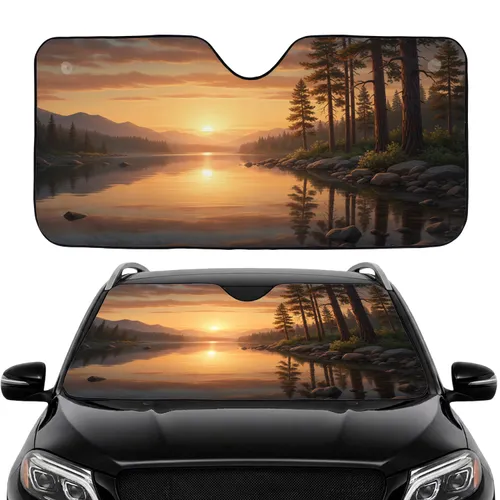 Golden Hour Lake Pine Trees Sunset - Car Interior Upgrade Car Sunshade