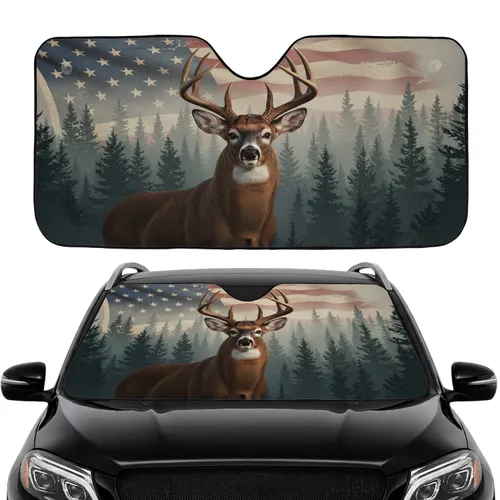 Whitetail Buck Pine Trees American Flag - Wildlife Lover Road Trip Essential Car Sunshade