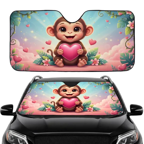 Baby Monkey Pink Heart Jungle Foliage - Car Interior Upgrade Gift for New Parents Car Sunshade
