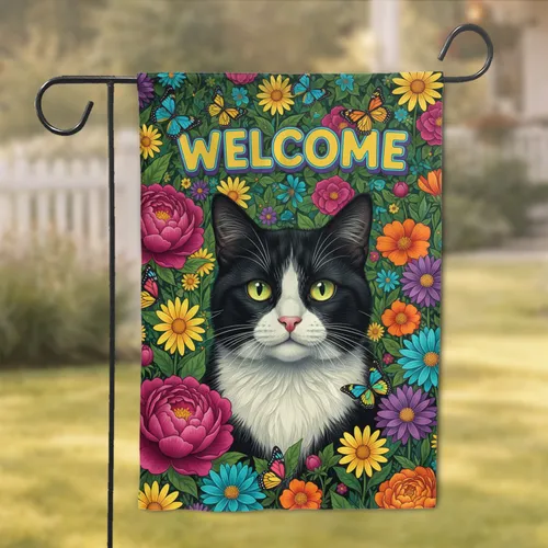 Tuxedo Cat Welcome Garden Flowers - Home Decor Gift for Cat Lover Garden Flag