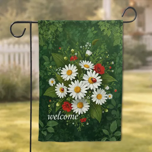 Lush White Daisies Red Ladybugs Welcome Sign Garden - Home Decor Gift Garden Flag
