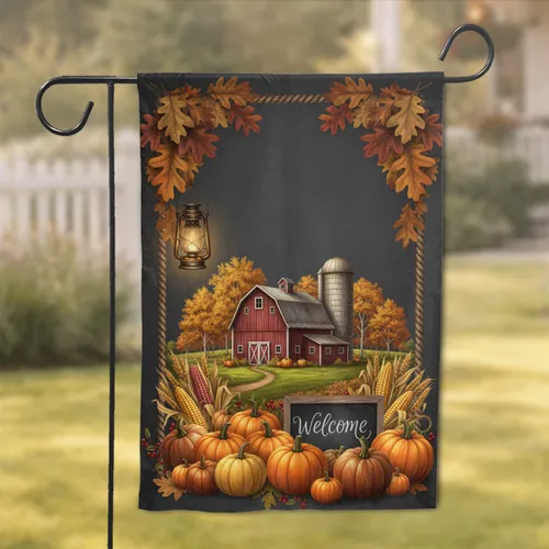 Rustic Barn Pumpkins Welcome Sign Autumn Harvest Farmhouse Home Decor Gift Garden Flag