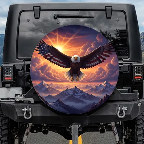 Bald Eagle American Flag Mountain Skyscape - USA Freedom Tribute for Veterans Spare Tire Cover