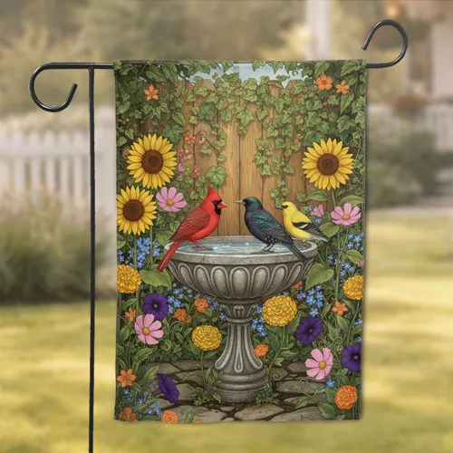 Cardinal Goldfinch Grackle Birds Ornate Stone Bird Bath Flowers - Lush Garden Home Decor Gift Garden Flag